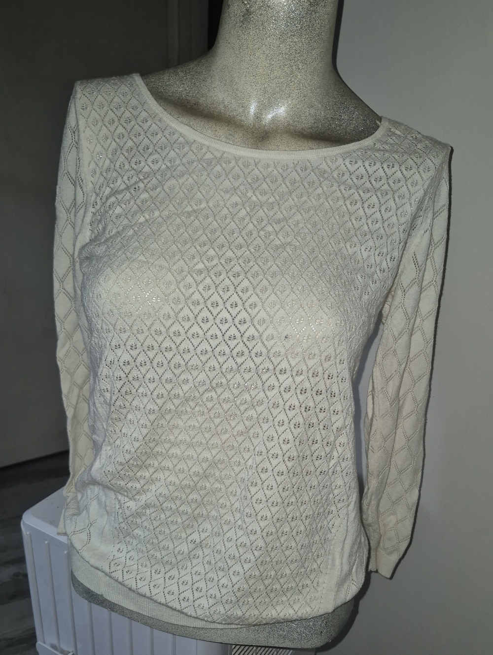 Ann Taylor LOFT Cream Openwork Knit Long Sleeve Top SMALL